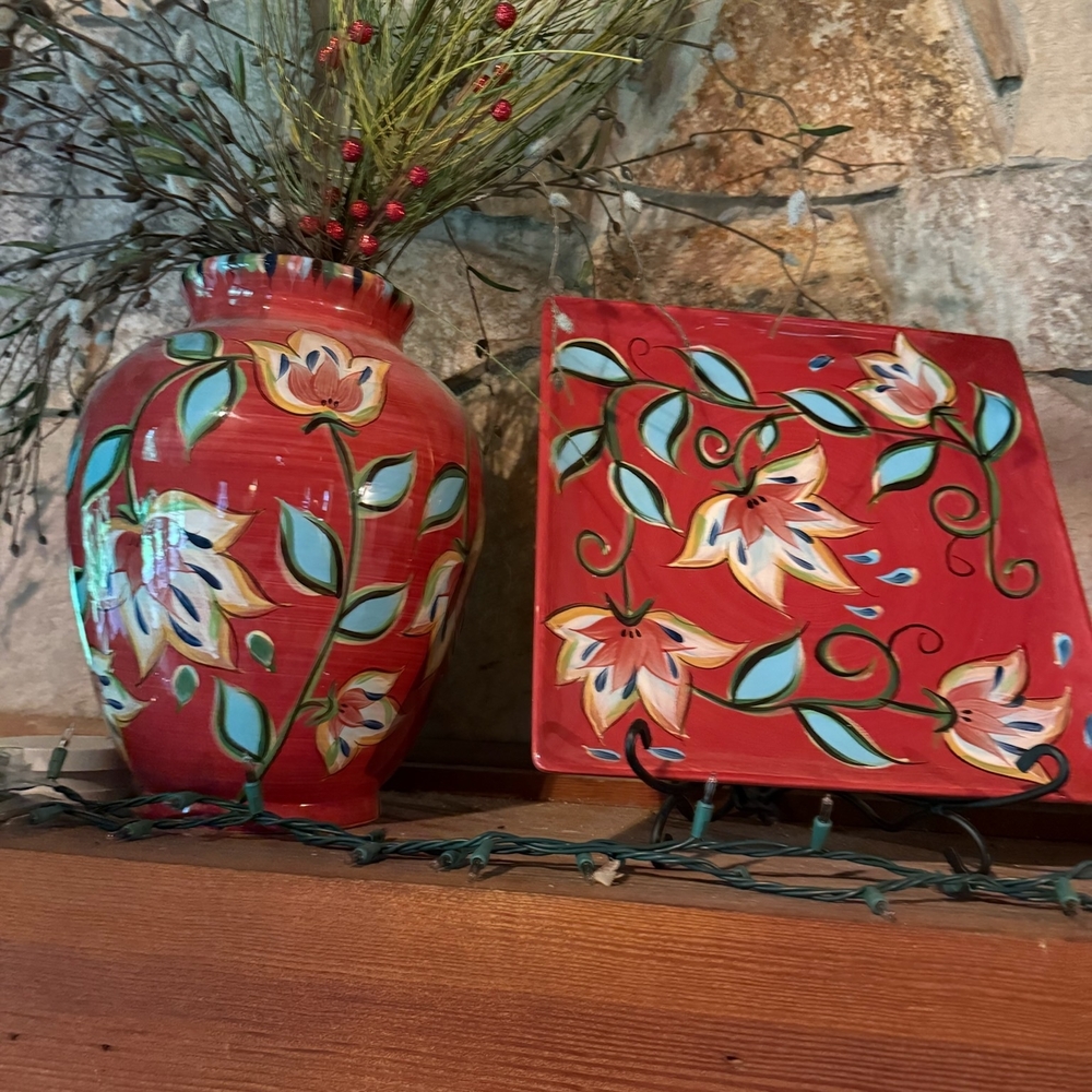 Southern Living Hand-Painted Red Floral Ceramic Vase